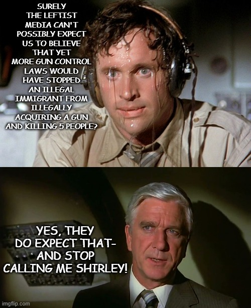 Shirley Ridiculous | SURELY THE LEFTIST MEDIA CAN'T POSSIBLY EXPECT US TO BELIEVE THAT YET MORE GUN CONTROL LAWS WOULD HAVE STOPPED AN ILLEGAL IMMIGRANT FROM ILLEGALLY ACQUIRING A GUN AND KILLING 5 PEOPLE? YES, THEY DO EXPECT THAT- AND STOP CALLING ME SHIRLEY! | image tagged in ted striker sweating,airplane | made w/ Imgflip meme maker
