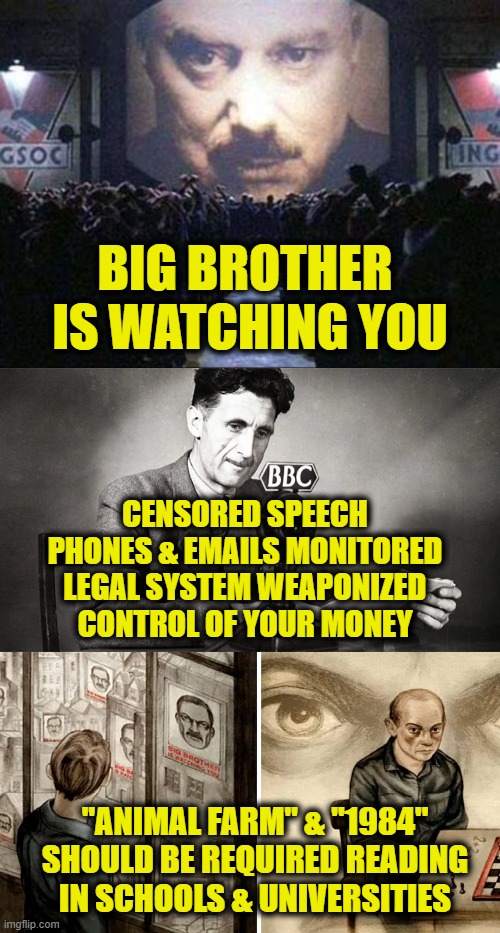 Thought Police are on to you | BIG BROTHER
 IS WATCHING YOU; CENSORED SPEECH
PHONES & EMAILS MONITORED
LEGAL SYSTEM WEAPONIZED
CONTROL OF YOUR MONEY; "ANIMAL FARM" & "1984"
SHOULD BE REQUIRED READING
IN SCHOOLS & UNIVERSITIES | image tagged in globalism | made w/ Imgflip meme maker