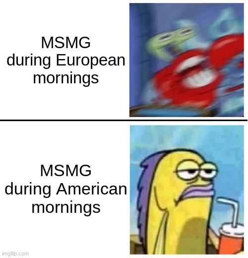 yep | MSMG during European mornings; MSMG during American mornings | image tagged in excited vs bored | made w/ Imgflip meme maker