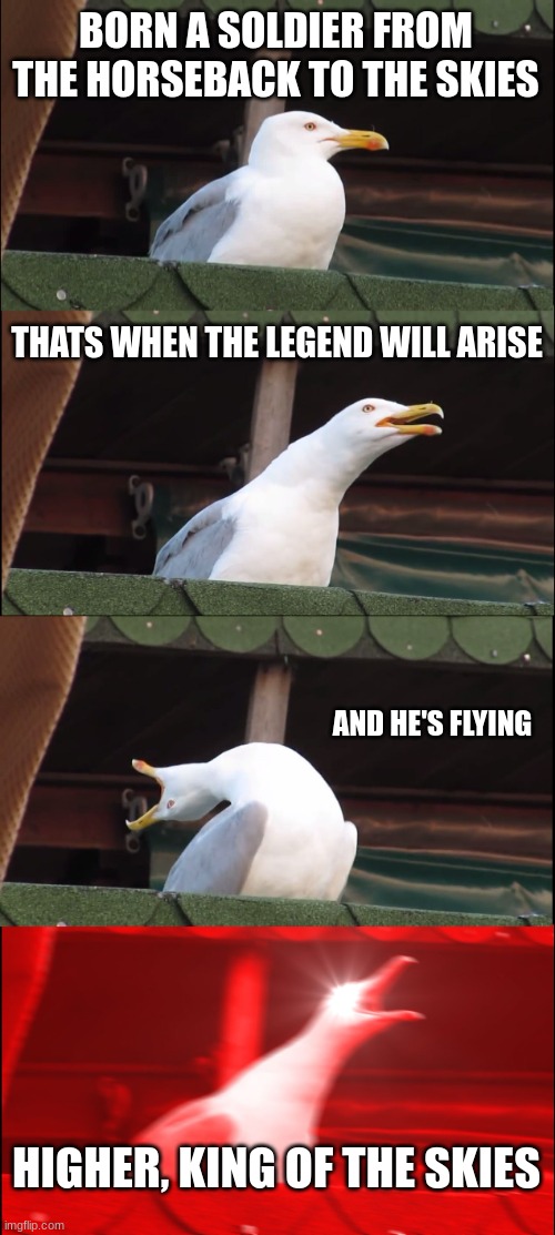 Inhaling Seagull Meme | BORN A SOLDIER FROM THE HORSEBACK TO THE SKIES; THATS WHEN THE LEGEND WILL ARISE; AND HE'S FLYING; HIGHER, KING OF THE SKIES | image tagged in memes,inhaling seagull | made w/ Imgflip meme maker
