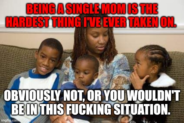 single mom | BEING A SINGLE MOM IS THE HARDEST THING I'VE EVER TAKEN ON. OBVIOUSLY NOT, OR YOU WOULDN'T BE IN THIS FUCKING SITUATION. | image tagged in single mom | made w/ Imgflip meme maker