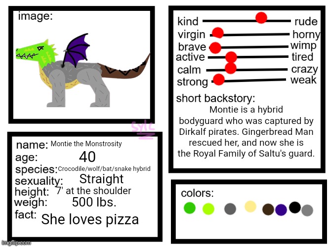 Montie! | Montie is a hybrid bodyguard who was captured by Dirkalf pirates. Gingerbread Man rescued her, and now she is the Royal Family of Saltu's guard. Montie the Monstrosity; 40; Crocodile/wolf/bat/snake hybrid; Straight; 7' at the shoulder; 500 lbs. She loves pizza | image tagged in oc list thing by sylcmori | made w/ Imgflip meme maker
