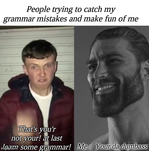Like are you my English 55 years old teacher? Mind yo business. | People trying to catch my grammar mistakes and make fun of me; That's you'r not your! at last learn some grammar! Me :  Your da dumbass | image tagged in average fan vs average enjoyer | made w/ Imgflip meme maker