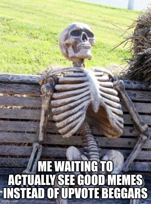 Waiting Skeleton Meme | ME WAITING TO ACTUALLY SEE GOOD MEMES INSTEAD OF UPVOTE BEGGARS | image tagged in memes,waiting skeleton | made w/ Imgflip meme maker