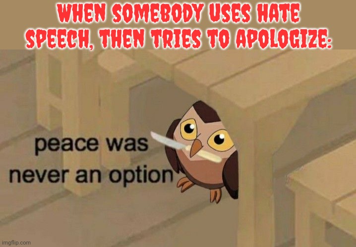 The fact that you arrogantly think you deserve forgiveness isn’t my problem; it's yours. | When somebody uses hate speech, then tries to apologize: | image tagged in peace was never an option,so you know how some sins are unforgivable,bigotry,entitlement,omg karen | made w/ Imgflip meme maker