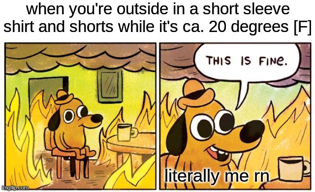 This Is Fine | when you're outside in a short sleeve shirt and shorts while it's ca. 20 degrees [F]; literally me rn | image tagged in memes,this is fine | made w/ Imgflip meme maker
