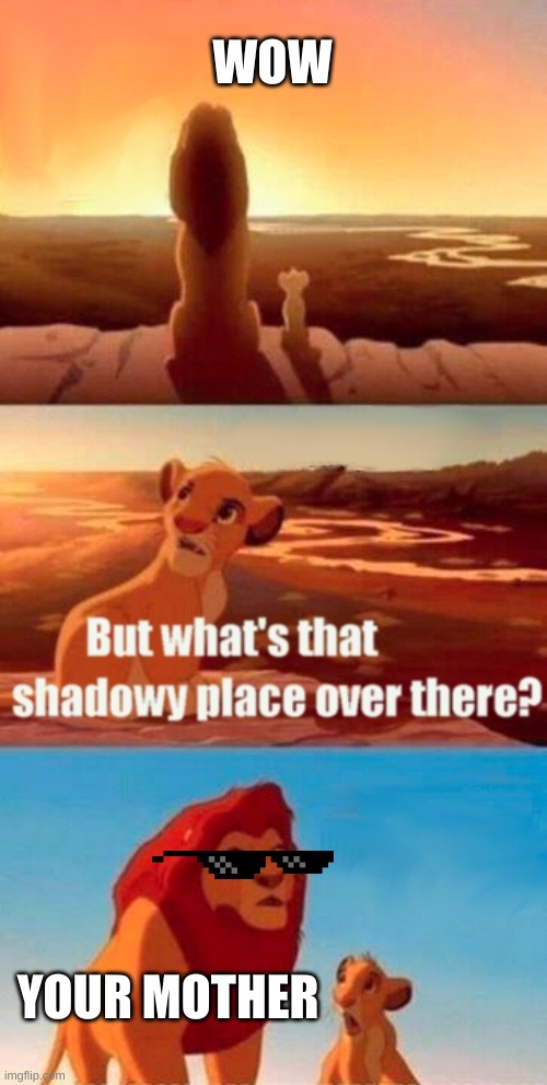 your mother | WOW; YOUR MOTHER | image tagged in memes,simba shadowy place | made w/ Imgflip meme maker