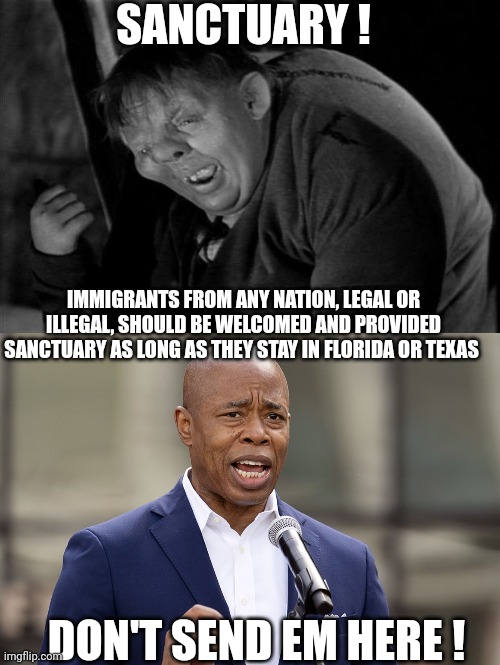 SANCTUARY ! DON'T SEND EM HERE ! IMMIGRANTS FROM ANY NATION, LEGAL OR ILLEGAL, SHOULD BE WELCOMED AND PROVIDED SANCTUARY AS LONG AS THEY STA | image tagged in quasimodo,eric adams | made w/ Imgflip meme maker