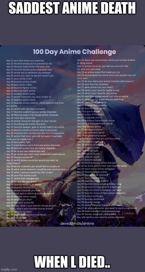 100 day anime challenge | SADDEST ANIME DEATH; WHEN L DIED.. | image tagged in 100 day anime challenge | made w/ Imgflip meme maker