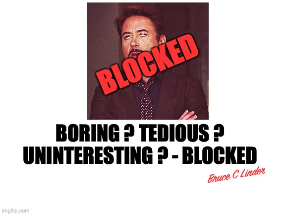 Poster Blocking | BLOCKED; BORING ? TEDIOUS ? UNINTERESTING ? - BLOCKED; Bruce C Linder | image tagged in boring,tedious,blocked,uninteresting | made w/ Imgflip meme maker