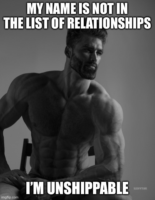Giga Chad | MY NAME IS NOT IN THE LIST OF RELATIONSHIPS; I’M UNSHIPPABLE | image tagged in giga chad | made w/ Imgflip meme maker