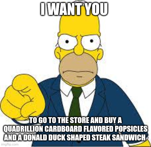 He wants me to go to the store and buy what??? | I WANT YOU; TO GO TO THE STORE AND BUY A QUADRILLION CARDBOARD FLAVORED POPSICLES AND A DONALD DUCK SHAPED STEAK SANDWICH | image tagged in hey you | made w/ Imgflip meme maker