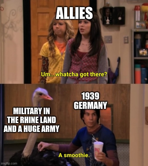 And they ignored it | ALLIES; 1939 GERMANY; MILITARY IN THE RHINE LAND AND A HUGE ARMY | image tagged in whatcha got there | made w/ Imgflip meme maker