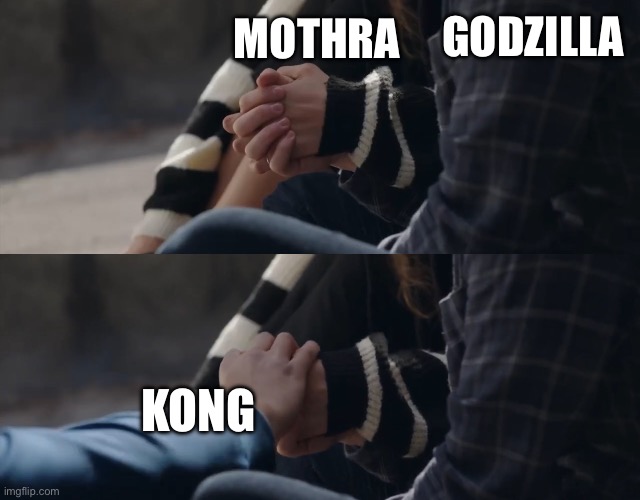 A meme with Godzilla as Peter Parker, Mothra as MJ, and Kong as Ned | MOTHRA; GODZILLA; KONG | image tagged in godzilla,mothra,kong,spider-man,godzilla vs kong,third wheel | made w/ Imgflip meme maker
