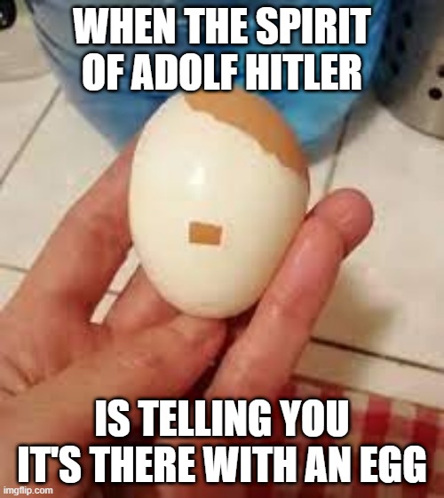 yea so its blursed | WHEN THE SPIRIT OF ADOLF HITLER; IS TELLING YOU IT'S THERE WITH AN EGG | image tagged in funny,wtf,adolf hitler,egg | made w/ Imgflip meme maker