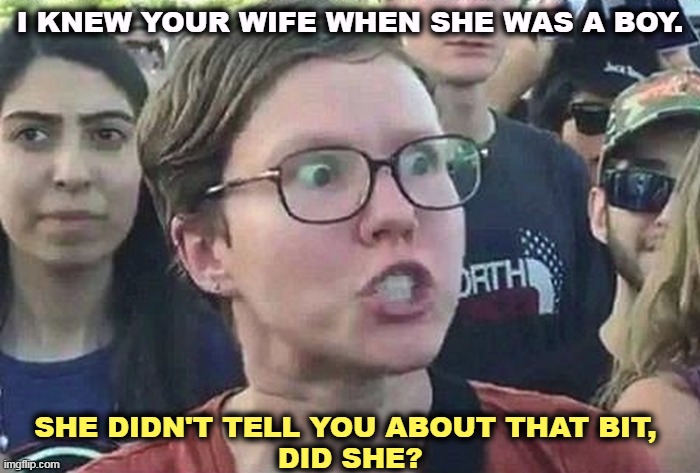 Surprise! | I KNEW YOUR WIFE WHEN SHE WAS A BOY. SHE DIDN'T TELL YOU ABOUT THAT BIT, 
DID SHE? | image tagged in triggered liberal,trans,transgender,surprise | made w/ Imgflip meme maker