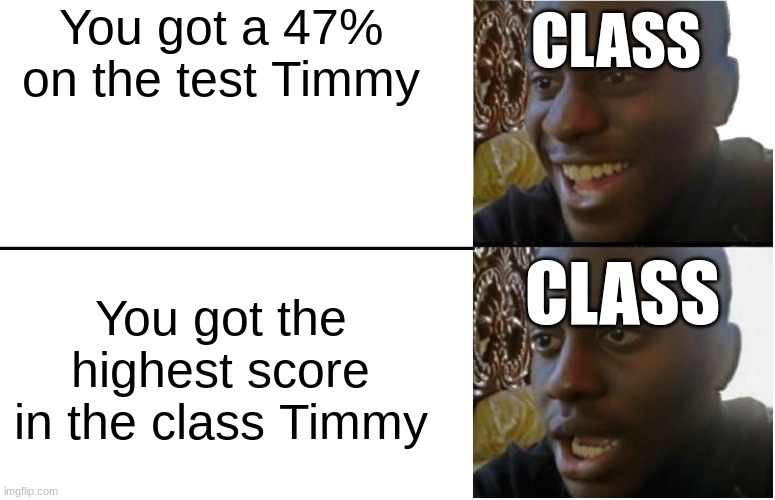 Disappointed Black Guy | You got a 47% on the test Timmy; CLASS; You got the highest score in the class Timmy; CLASS | image tagged in disappointed black guy | made w/ Imgflip meme maker
