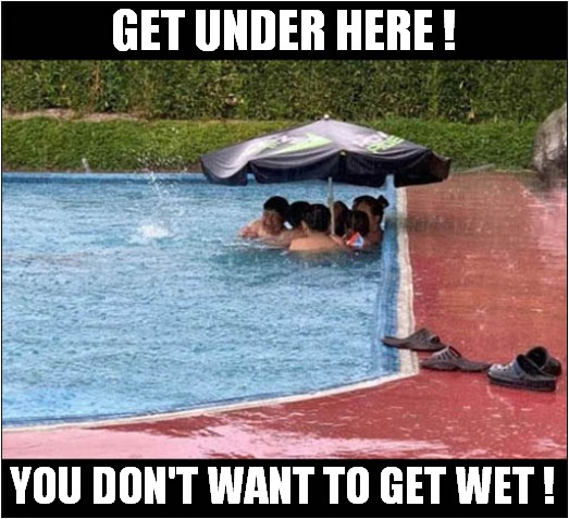 I'm Somewhat Confused ! | GET UNDER HERE ! YOU DON'T WANT TO GET WET ! | image tagged in swimming pool,raining,umbrella,confusion | made w/ Imgflip meme maker