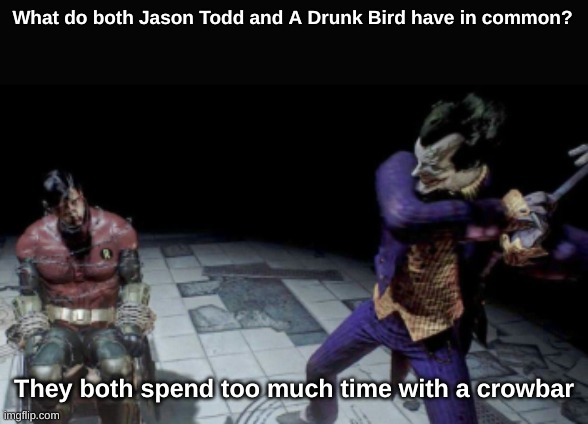 Sorry for the dark humor | What do both Jason Todd and A Drunk Bird have in common? They both spend too much time with a crowbar | made w/ Imgflip meme maker