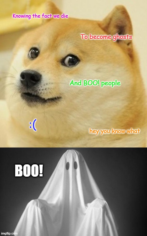 BOO! | Knowing the fact we die; To become ghosts; And BOO! people; :(; hey you know what; BOO! | image tagged in memes,doge,ghost | made w/ Imgflip meme maker
