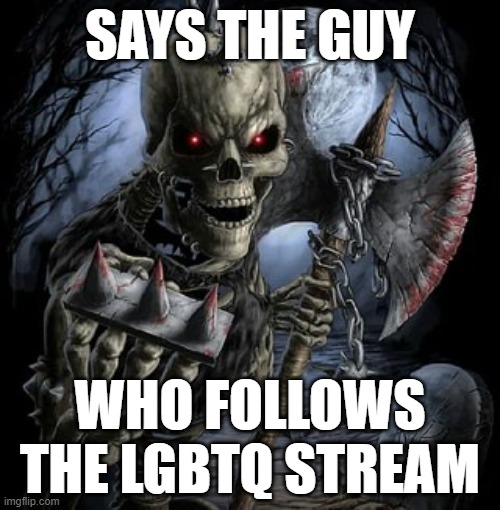 badass skeleton | SAYS THE GUY; WHO FOLLOWS THE LGBTQ STREAM | image tagged in badass skeleton | made w/ Imgflip meme maker