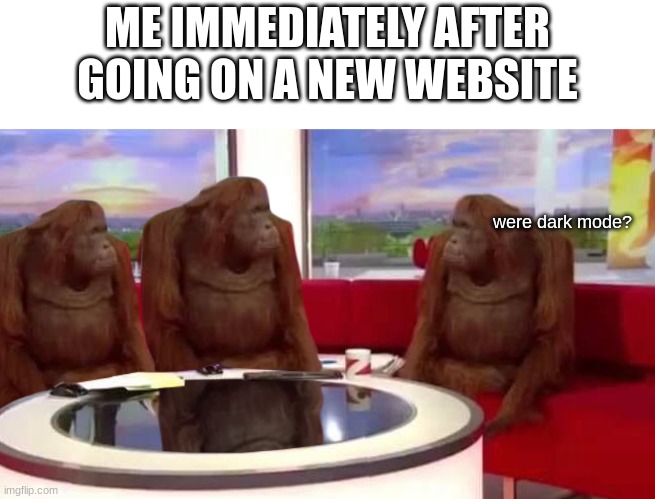 hgieriefij | ME IMMEDIATELY AFTER GOING ON A NEW WEBSITE; were dark mode? | image tagged in where monkey,memes | made w/ Imgflip meme maker