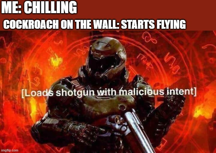 *burns down house* | ME: CHILLING; COCKROACH ON THE WALL: STARTS FLYING | image tagged in loads shotgun with malicious intent | made w/ Imgflip meme maker