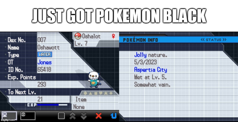 and my starter is a female btw | JUST GOT POKEMON BLACK | image tagged in pokemon | made w/ Imgflip meme maker