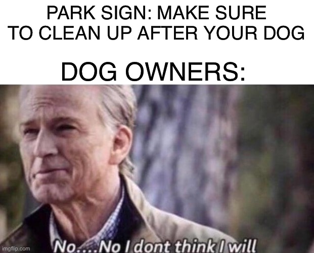 Not me, i clean up after my dog | PARK SIGN: MAKE SURE TO CLEAN UP AFTER YOUR DOG; DOG OWNERS: | image tagged in no i don't think i will,dogs,memes,dog memes,funny memes,funny | made w/ Imgflip meme maker