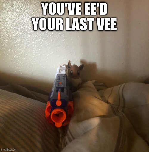 Eevee with a gun | YOU'VE EE'D YOUR LAST VEE | image tagged in eevee with a gun | made w/ Imgflip meme maker