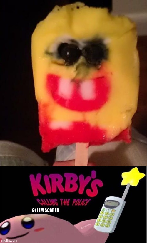 911 IM SCARED | image tagged in cursed spongebob popsicle,kirby's calling the police | made w/ Imgflip meme maker