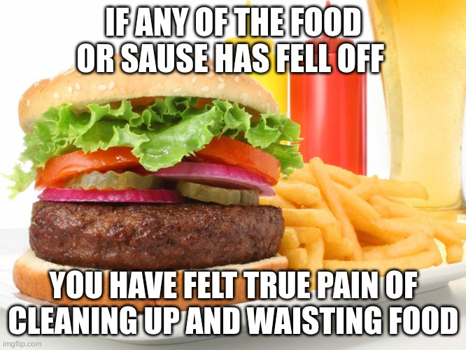 MY SAUSE FALLS EVERYTIME | IF ANY OF THE FOOD OR SAUSE HAS FELL OFF; YOU HAVE FELT TRUE PAIN OF CLEANING UP AND WAISTING FOOD | image tagged in hamburger,pain,cleaning | made w/ Imgflip meme maker