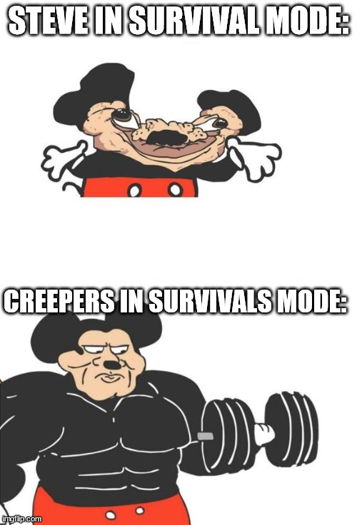 Minecraft meme | STEVE IN SURVIVAL MODE:; CREEPERS IN SURVIVALS MODE: | image tagged in buff mickey mouse | made w/ Imgflip meme maker