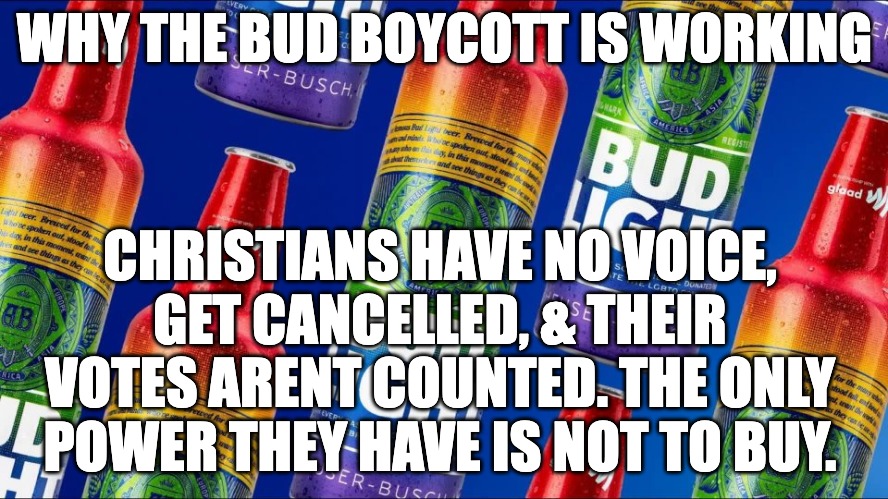 bud light boycott | WHY THE BUD BOYCOTT IS WORKING; CHRISTIANS HAVE NO VOICE, GET CANCELLED, & THEIR VOTES ARENT COUNTED. THE ONLY POWER THEY HAVE IS NOT TO BUY. | made w/ Imgflip meme maker