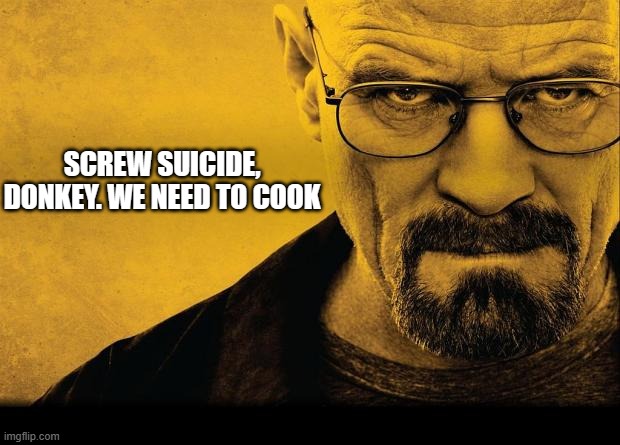Breaking bad | SCREW SUICIDE, DONKEY. WE NEED TO COOK | image tagged in breaking bad | made w/ Imgflip meme maker