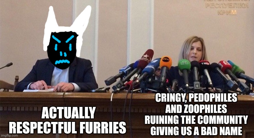 I TRIED DRAWING A PROTOGEN AGAIN | ACTUALLY RESPECTFUL FURRIES; CRINGY, PEDOPHILES AND ZOOPHILES RUINING THE COMMUNITY GIVING US A BAD NAME | image tagged in man and woman microphone | made w/ Imgflip meme maker