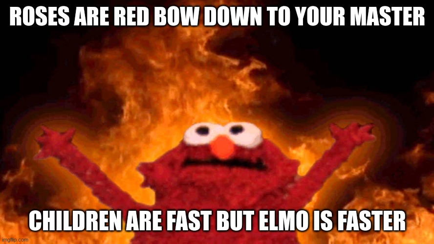 elmo fire | ROSES ARE RED BOW DOWN TO YOUR MASTER; CHILDREN ARE FAST BUT ELMO IS FASTER | image tagged in elmo fire | made w/ Imgflip meme maker