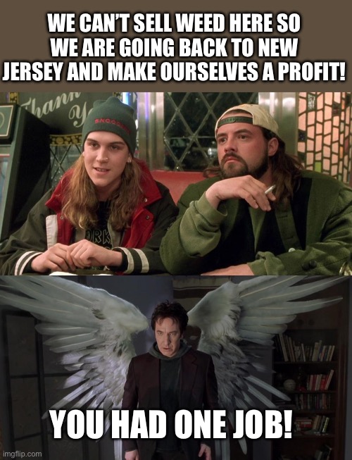 WE CAN’T SELL WEED HERE SO WE ARE GOING BACK TO NEW JERSEY AND MAKE OURSELVES A PROFIT! YOU HAD ONE JOB! | image tagged in dogma jay silent bob,dogma - alan rickman | made w/ Imgflip meme maker