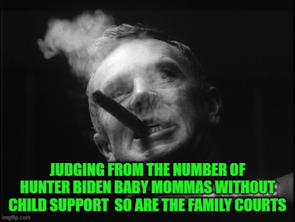 General Ripper (Dr. Strangelove) | JUDGING FROM THE NUMBER OF HUNTER BIDEN BABY MOMMAS WITHOUT CHILD SUPPORT  SO ARE THE FAMILY COURTS | image tagged in general ripper dr strangelove | made w/ Imgflip meme maker