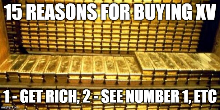 gold bars | 15 REASONS FOR BUYING XV; 1 - GET RICH, 2 - SEE NUMBER 1, ETC | image tagged in gold bars | made w/ Imgflip meme maker