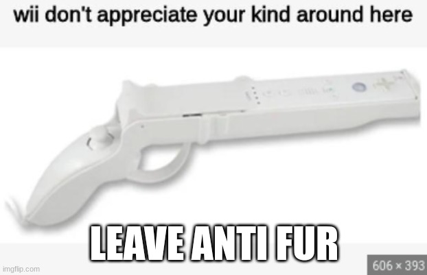 Wii don't appreciate your kind around here | LEAVE ANTI FUR | image tagged in wii don't appreciate your kind around here | made w/ Imgflip meme maker