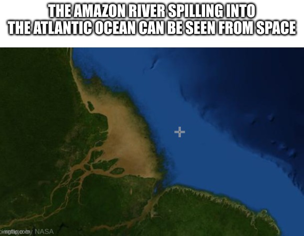 fun fact | THE AMAZON RIVER SPILLING INTO THE ATLANTIC OCEAN CAN BE SEEN FROM SPACE | image tagged in amazon,river,memes | made w/ Imgflip meme maker