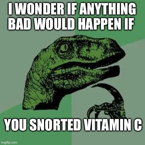 raptor asking questions | I WONDER IF ANYTHING BAD WOULD HAPPEN IF; YOU SNORTED VITAMIN C | image tagged in raptor asking questions | made w/ Imgflip meme maker