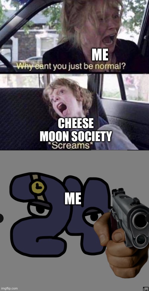 ME; CHEESE MOON SOCIETY; ME | image tagged in why can't you just be normal,twenty fourick you | made w/ Imgflip meme maker