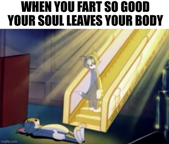 heavenly tom | WHEN YOU FART SO GOOD YOUR SOUL LEAVES YOUR BODY | image tagged in heavenly tom,memes | made w/ Imgflip meme maker
