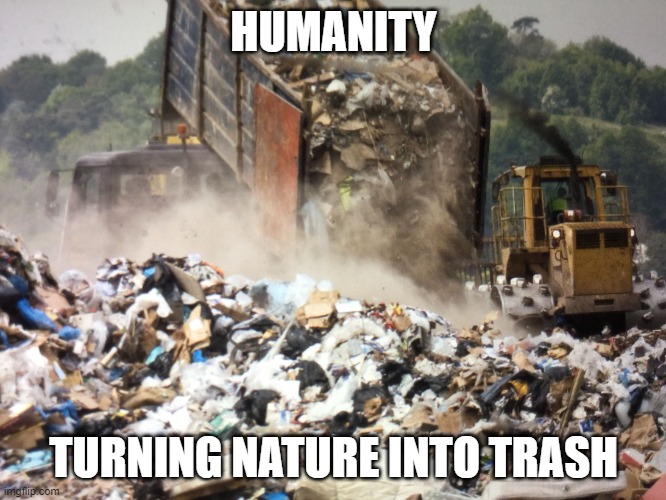 Garbage dump | HUMANITY; TURNING NATURE INTO TRASH | image tagged in garbage dump | made w/ Imgflip meme maker