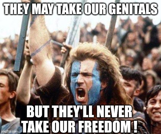 braveheart freedom | THEY MAY TAKE OUR GENITALS BUT THEY'LL NEVER TAKE OUR FREEDOM ! | image tagged in braveheart freedom | made w/ Imgflip meme maker