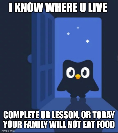Duolingo bird | I KNOW WHERE U LIVE COMPLETE UR LESSON, OR TODAY YOUR FAMILY WILL NOT EAT FOOD | image tagged in duolingo bird | made w/ Imgflip meme maker