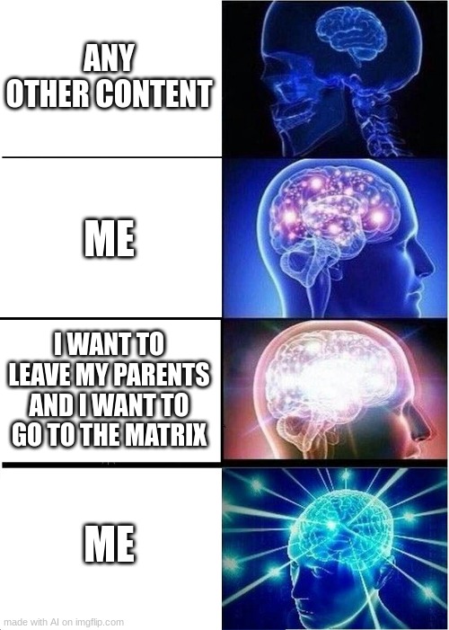 Expanding Brain Meme | ANY OTHER CONTENT; ME; I WANT TO LEAVE MY PARENTS AND I WANT TO GO TO THE MATRIX; ME | image tagged in memes,expanding brain | made w/ Imgflip meme maker