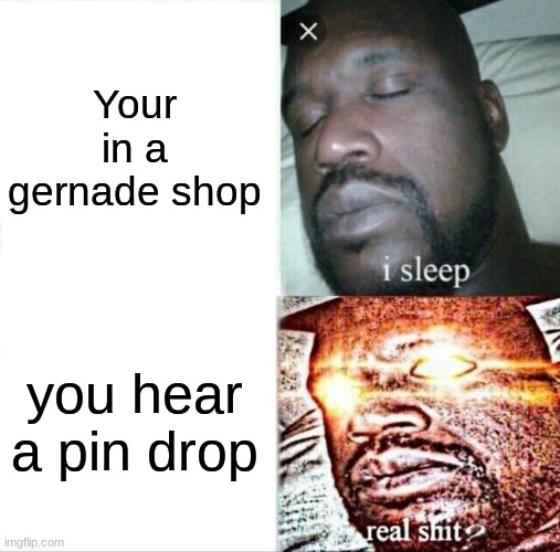 Sleeping Shaq Meme | Your in a gernade shop you hear a pin drop | image tagged in memes,sleeping shaq | made w/ Imgflip meme maker